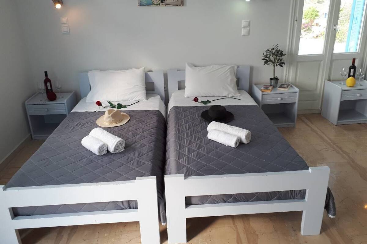 A room with two beds, each with a quilted grey bedspread and white headboards. There are bedside tables with a bottle and glasses on one side, and a potted plant on the other. A painting hangs on the wall above the beds.