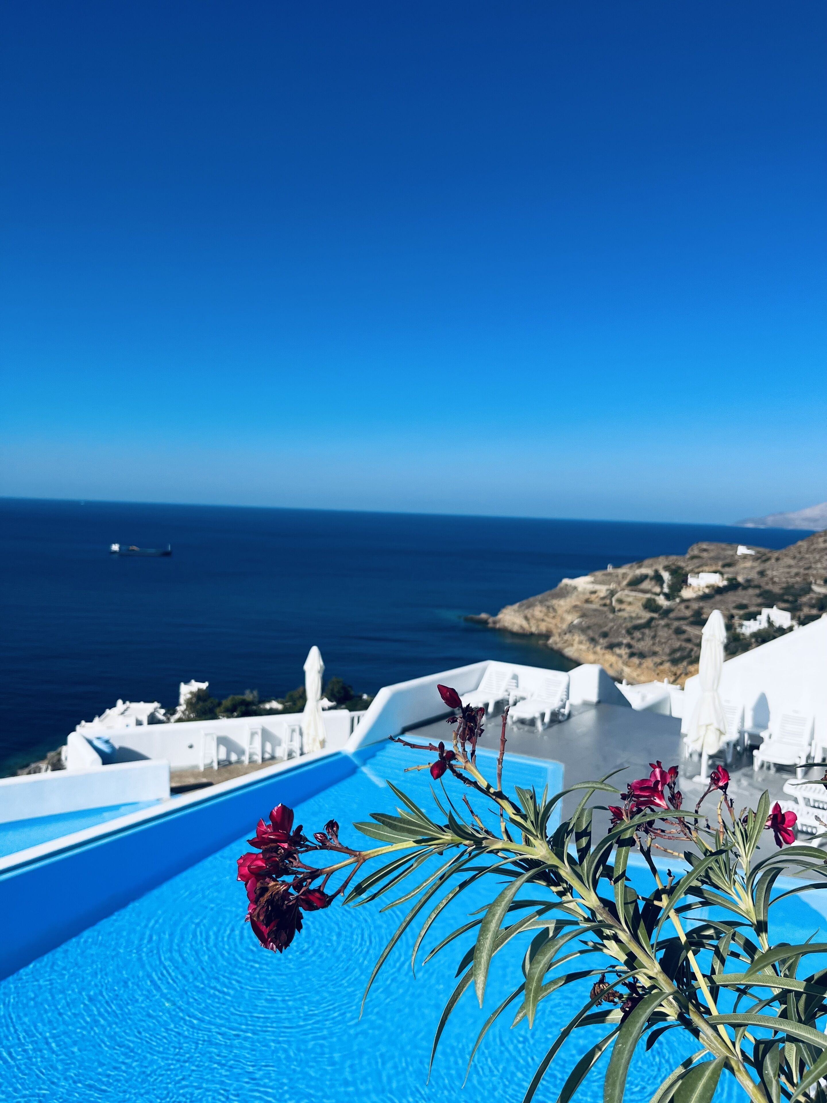 حمّام سباحة خارجي، مظلات على حمّام السباحة، مقاعد للتشمس