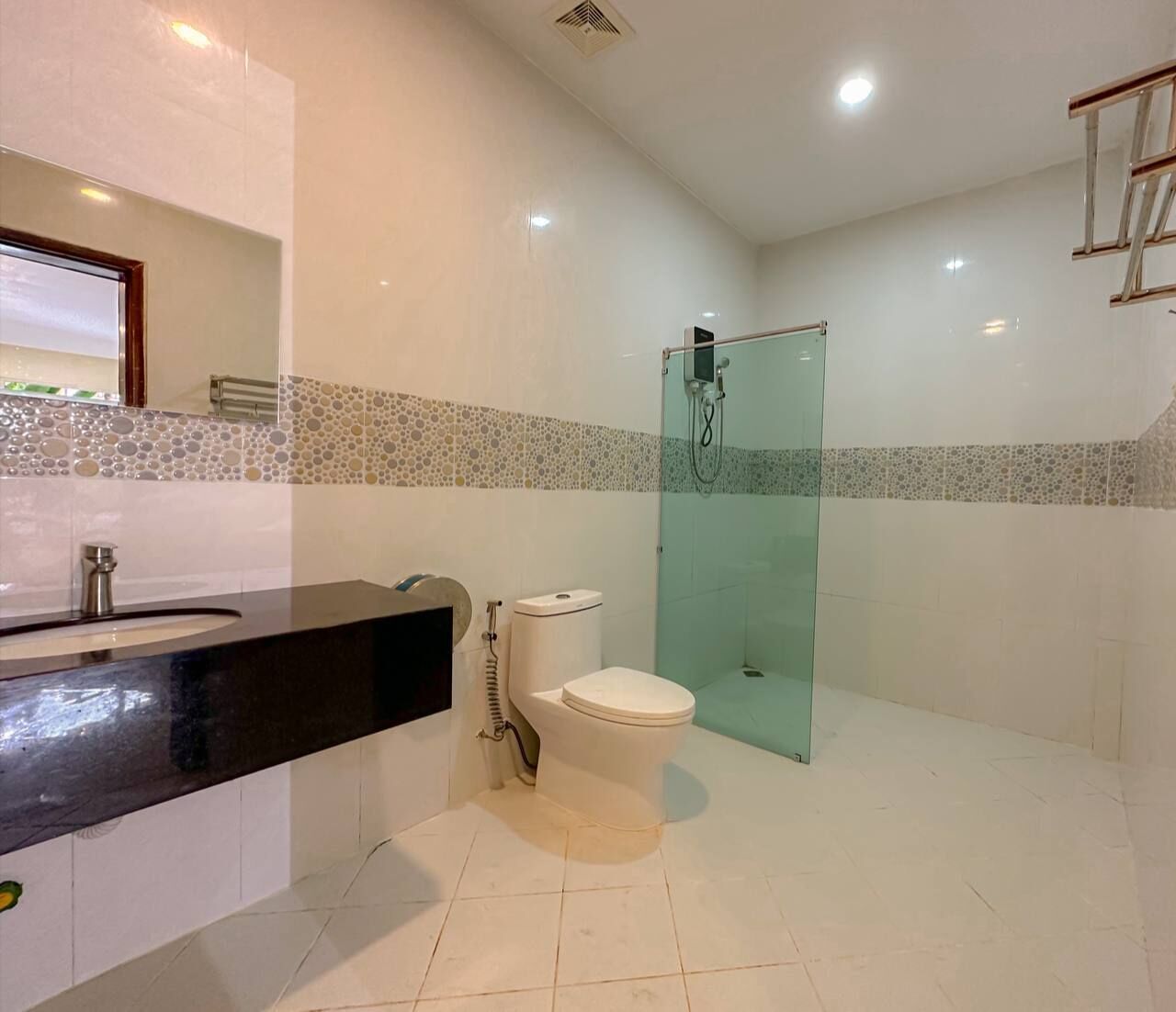 A modern bathroom with a glass shower enclosure, a toilet, and a vanity with a sink.