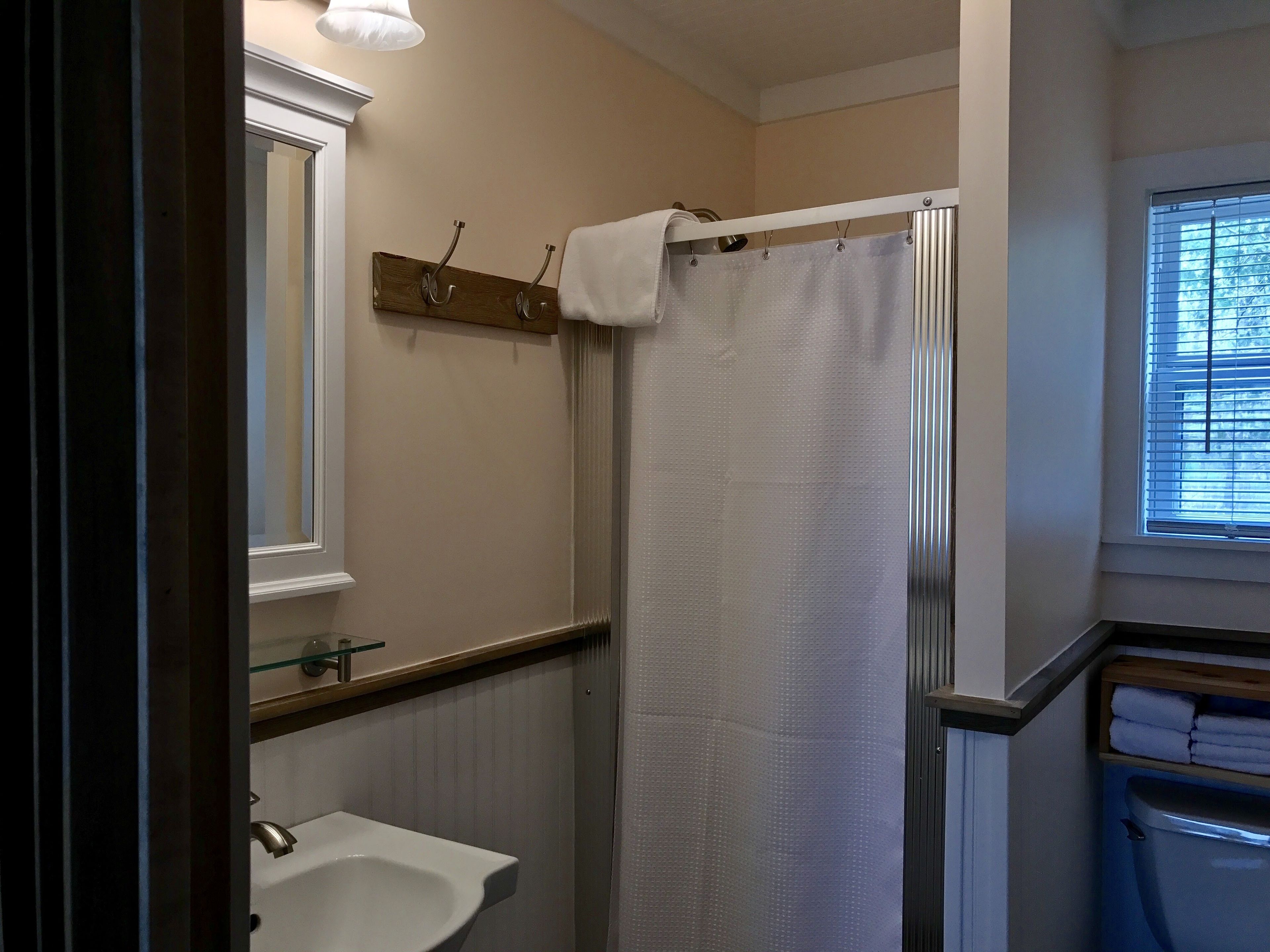 A bathroom with a shower, a sink, a mirror, and a window.