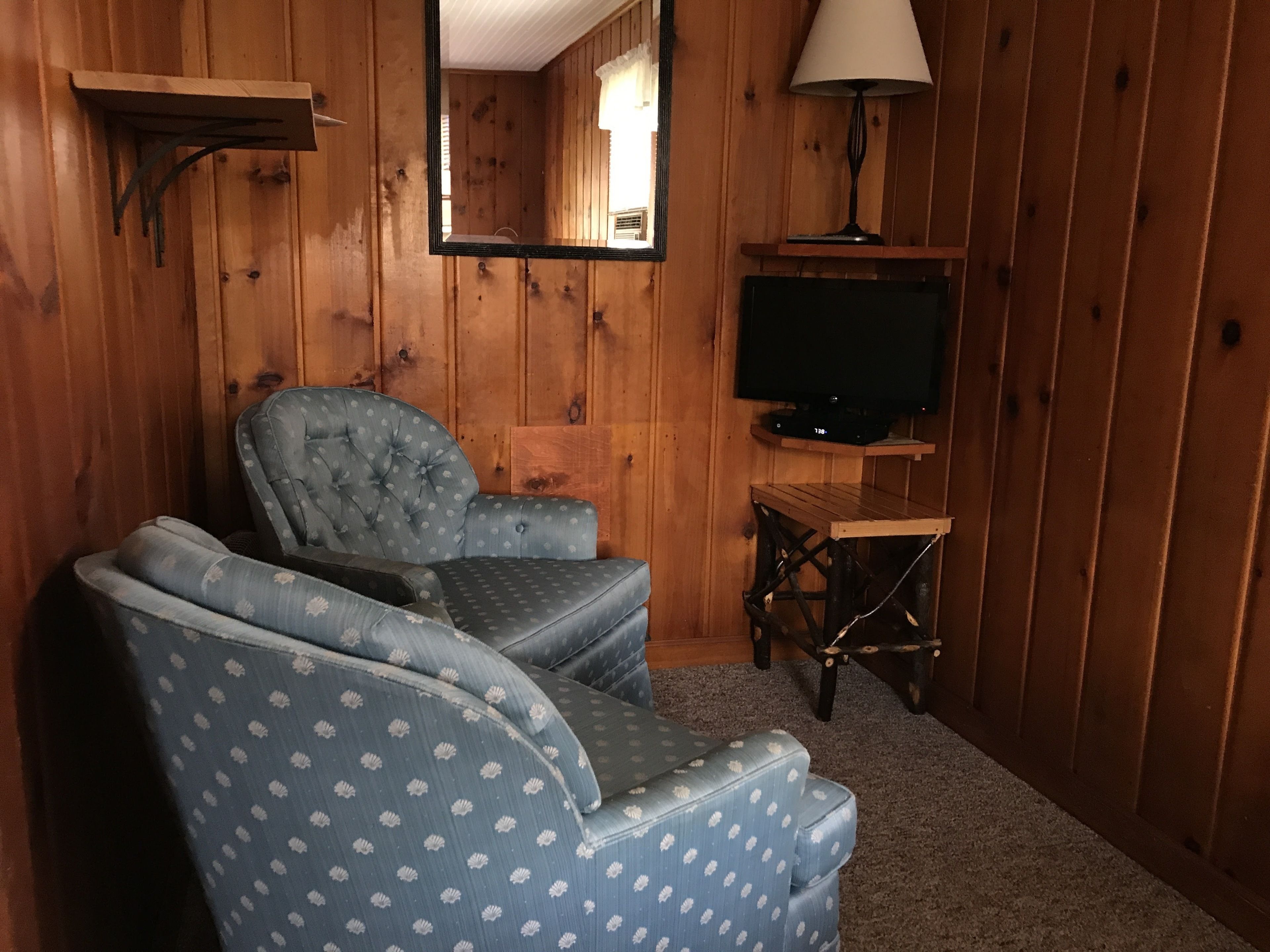 Una habitación con paredes de madera, un sofá azul con estampado, un televisor sobre un mueble de madera y una lámpara en la pared.
