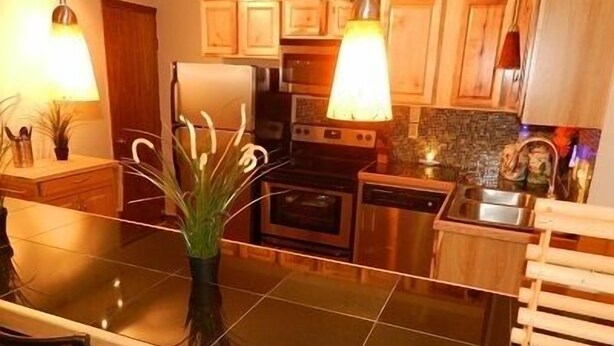 A kitchen with a large island, wooden cabinets, a refrigerator, an oven, and a dishwasher. - Blue Frost Apartments (Lake Placid)