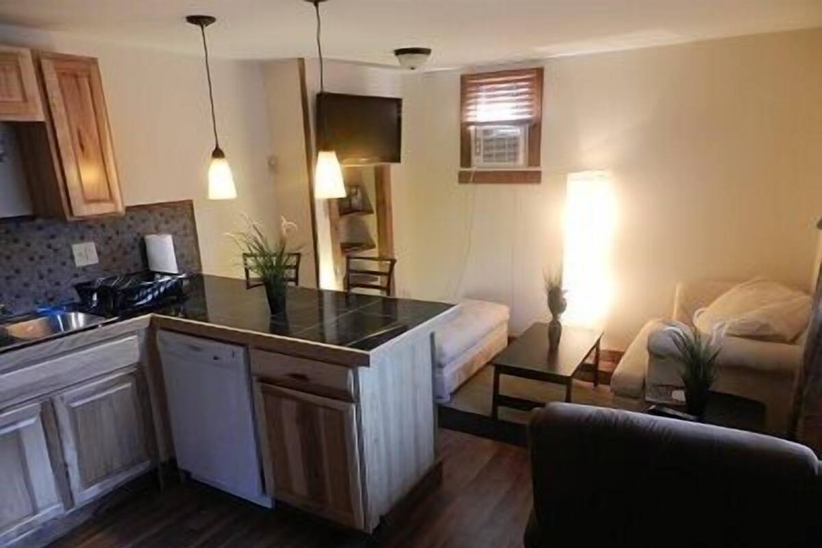 A compact living space with a kitchenette, a dining area, and a seating area.