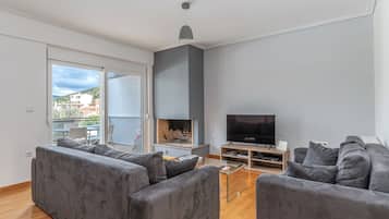 Flat-screen TV, fireplace, DVD player