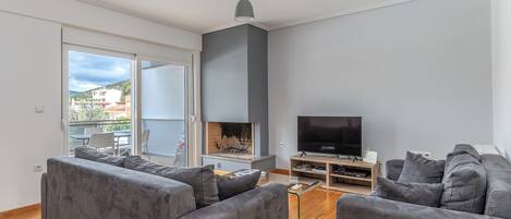 Flat-screen TV, fireplace, DVD player