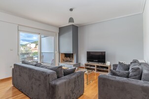 Televisión de pantalla plana, chimenea, reproductor de DVD