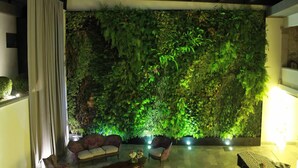 Una habitación con pared de jardín vertical, un sofá y una mesa de centro.