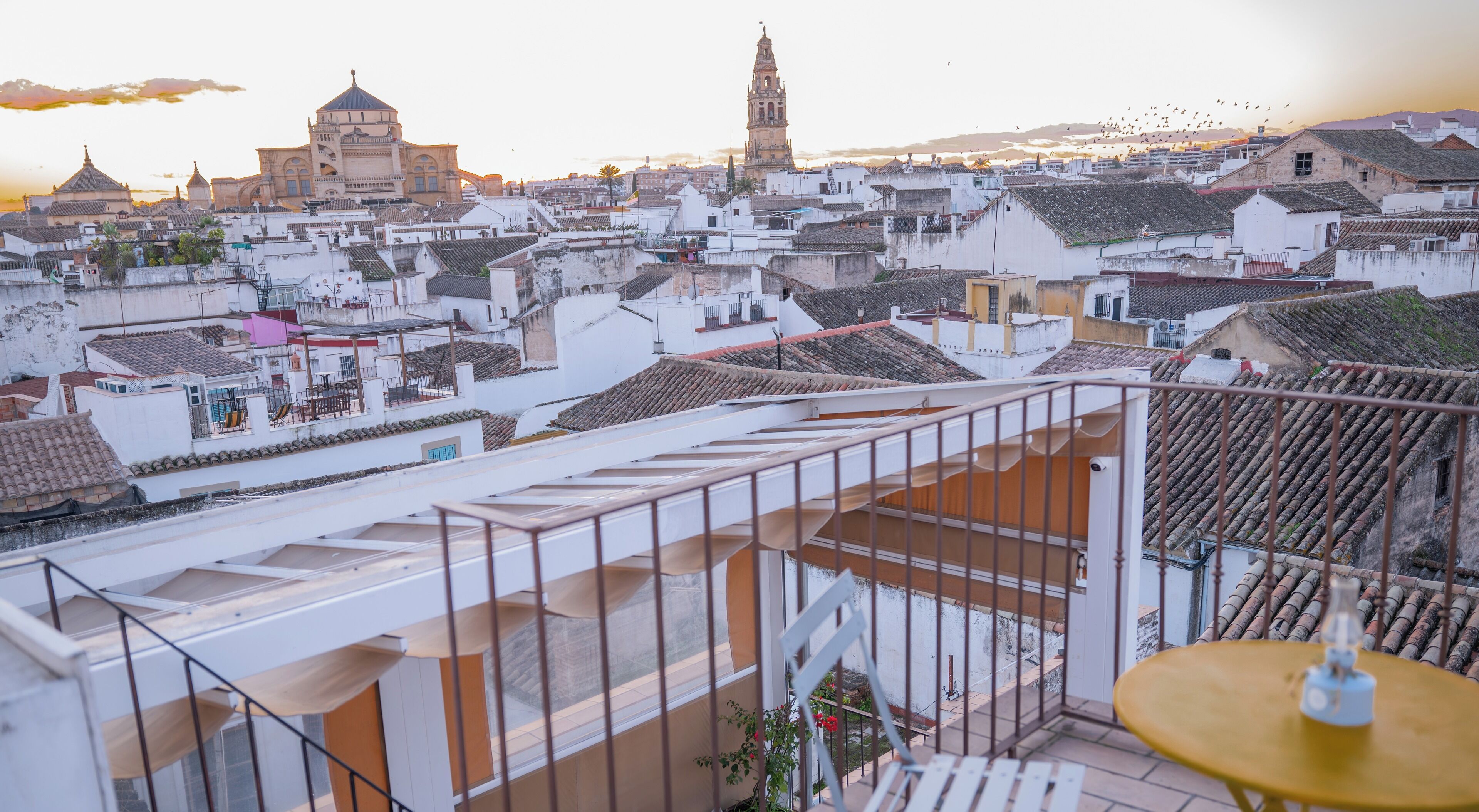 Une terrasse sur le toit offrant une vue sur le paysage urbain, avec notamment une tour imposante et une cathédrale.