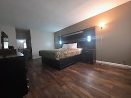 Desk, laptop workspace, blackout drapes, soundproofing