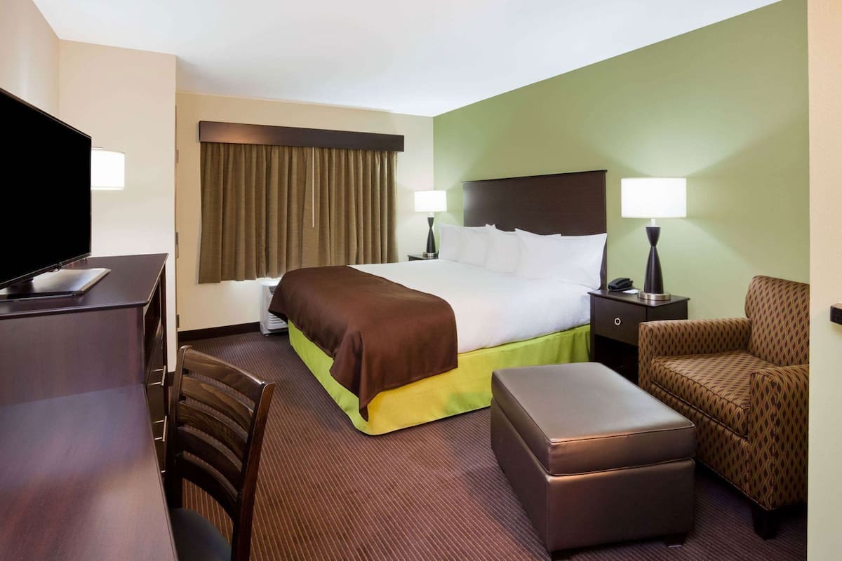 A hotel room with a bed, a desk, a chair, an ottoman, and a television.