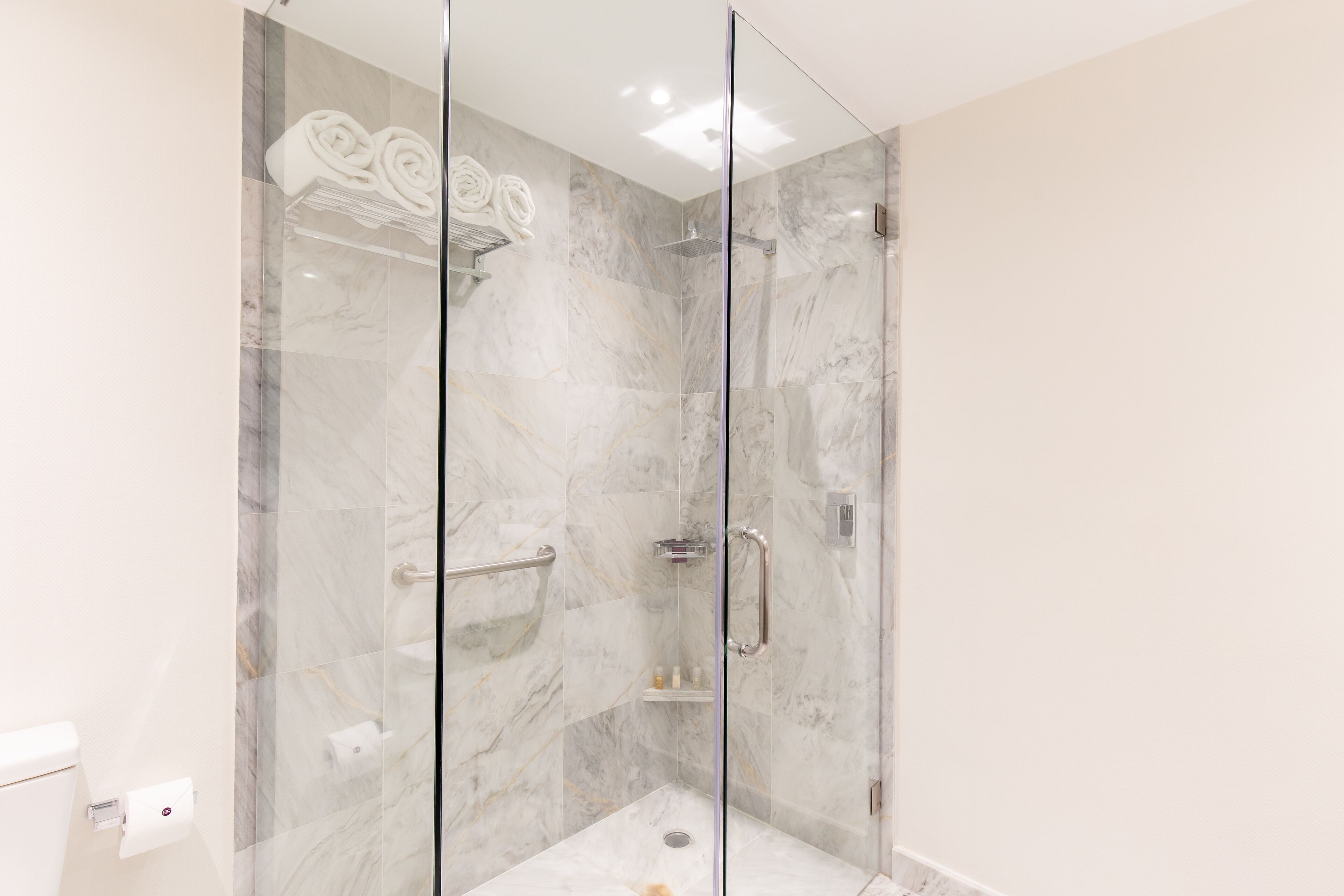 shower, designer toiletries, hair dryer, towels