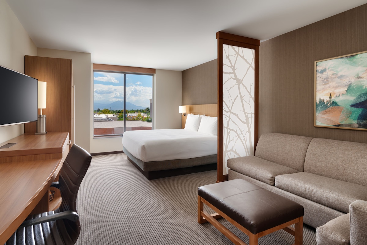 A hotel room with a bed, a sofa, a desk with a chair, a TV, and a large window offering a view of the cityscape.