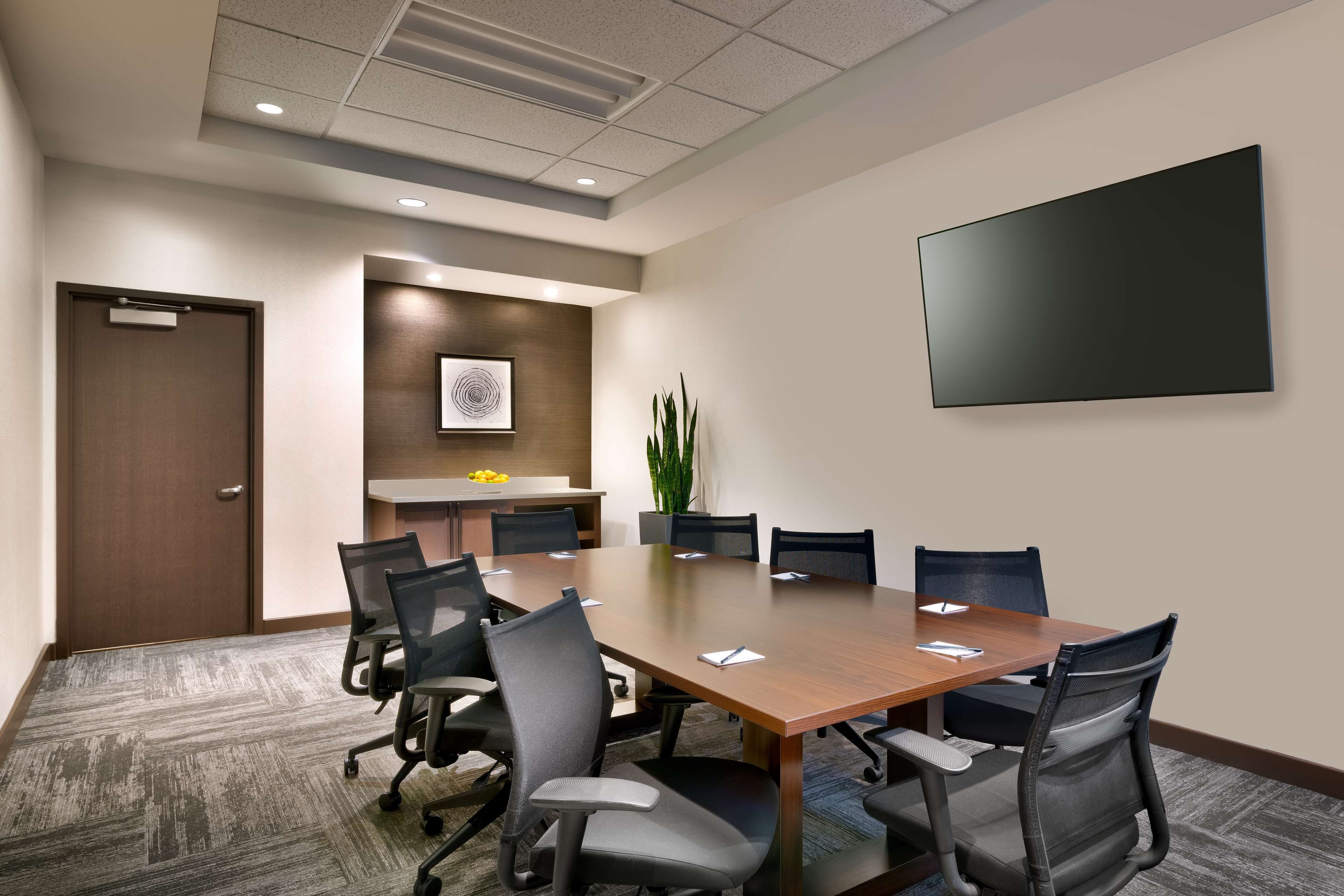 A conference room with a large table, six chairs, a flat-screen TV, a door, and a plant.