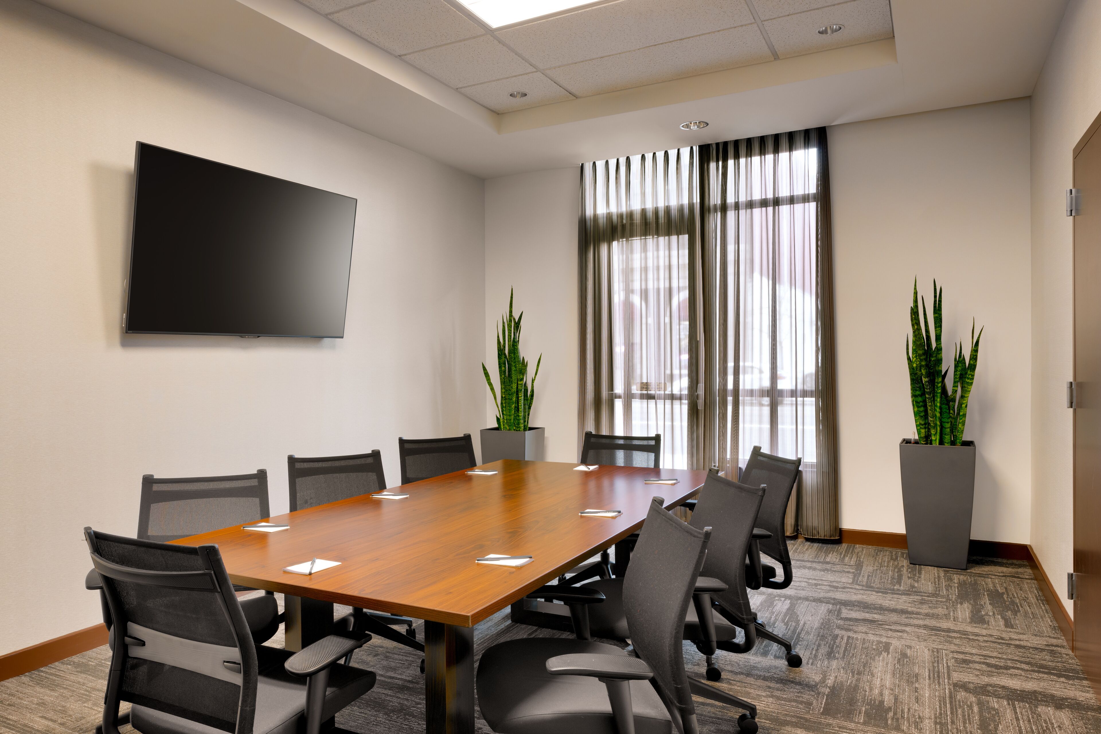 A conference room with a long wooden table, six chairs, a flat-screen TV on the wall, and two potted plants.
