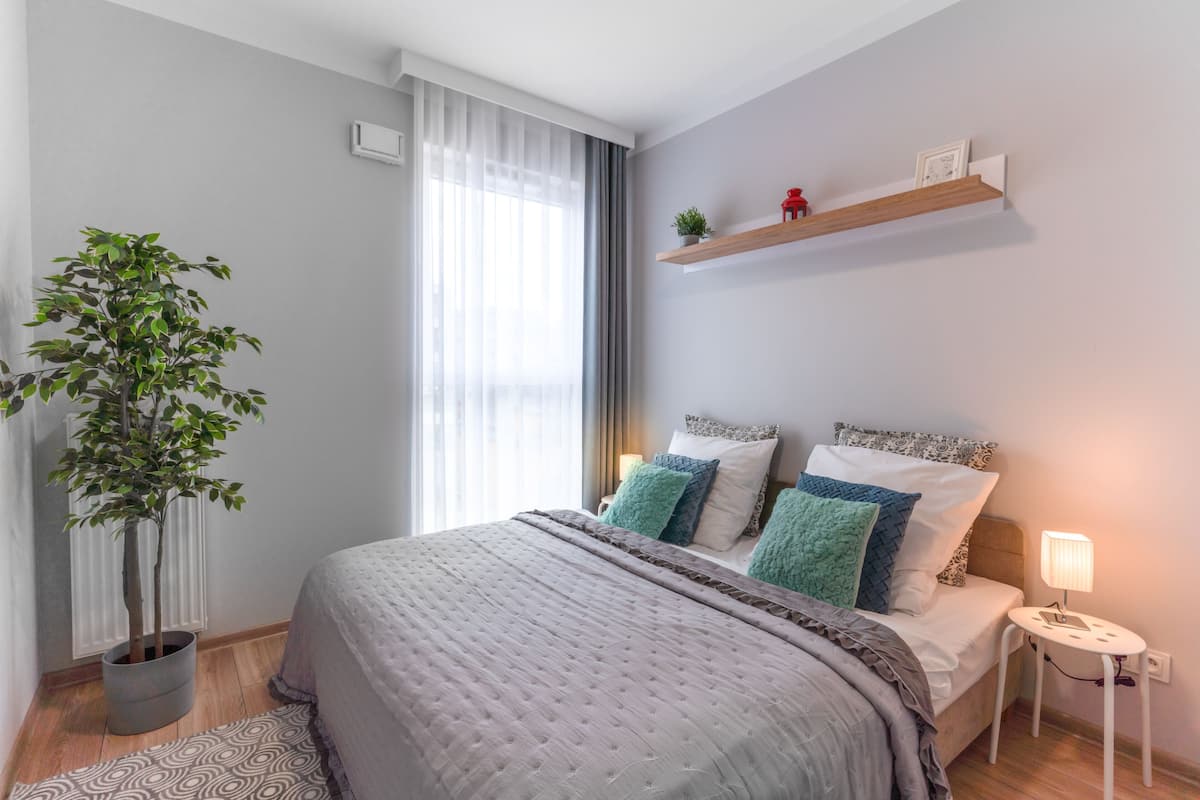 Une chambre à coucher avec un lit, une table de chevet, une lampe, une étagère, une plante en pot et une fenêtre.