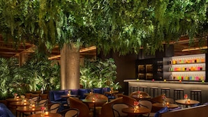 A restaurant with round tables, cushioned seating, and a bar area with shelves of bottles.