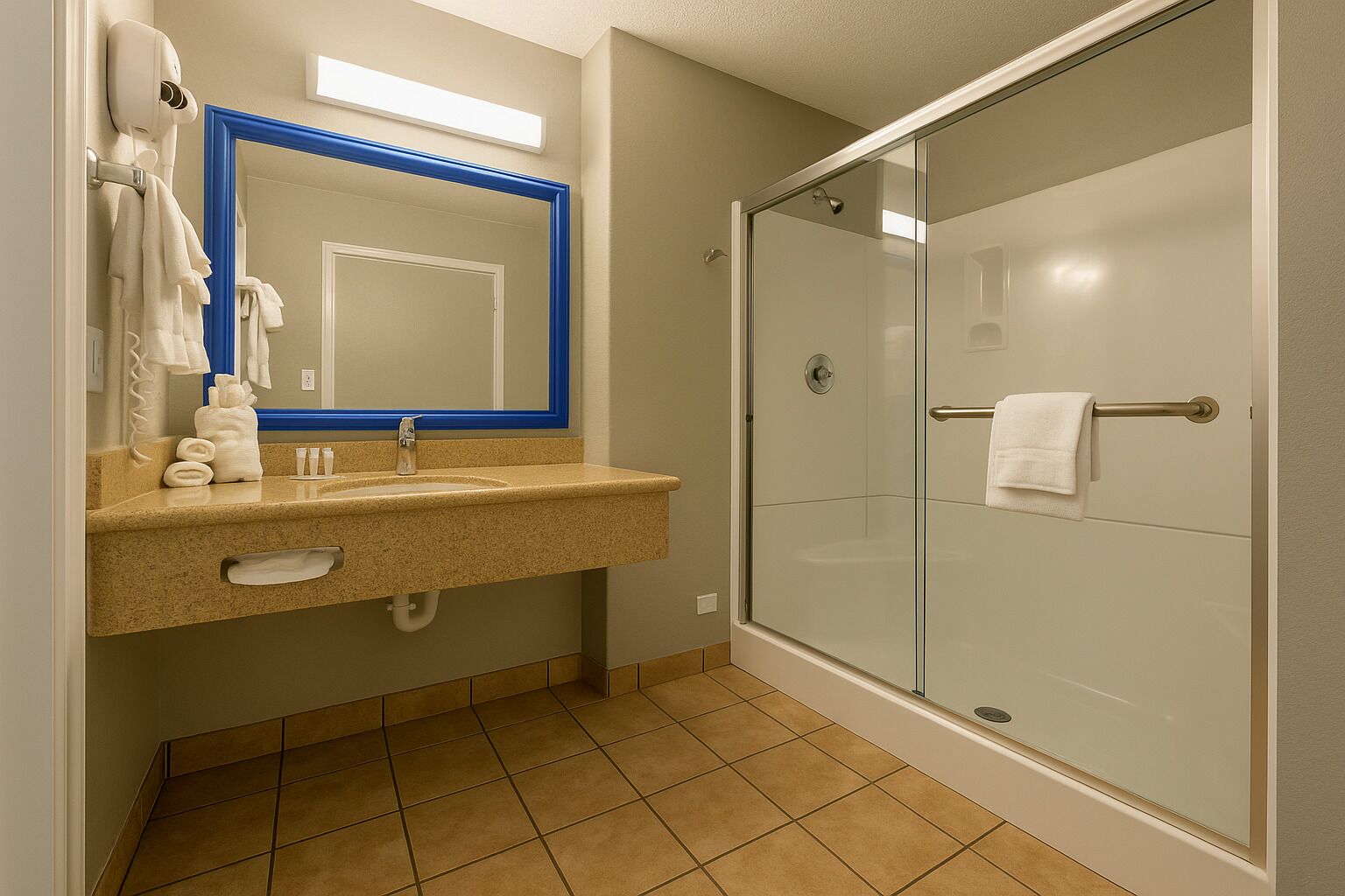 A bathroom with a glass shower enclosure, a sink with a towel rack, and a mirror with a blue frame.