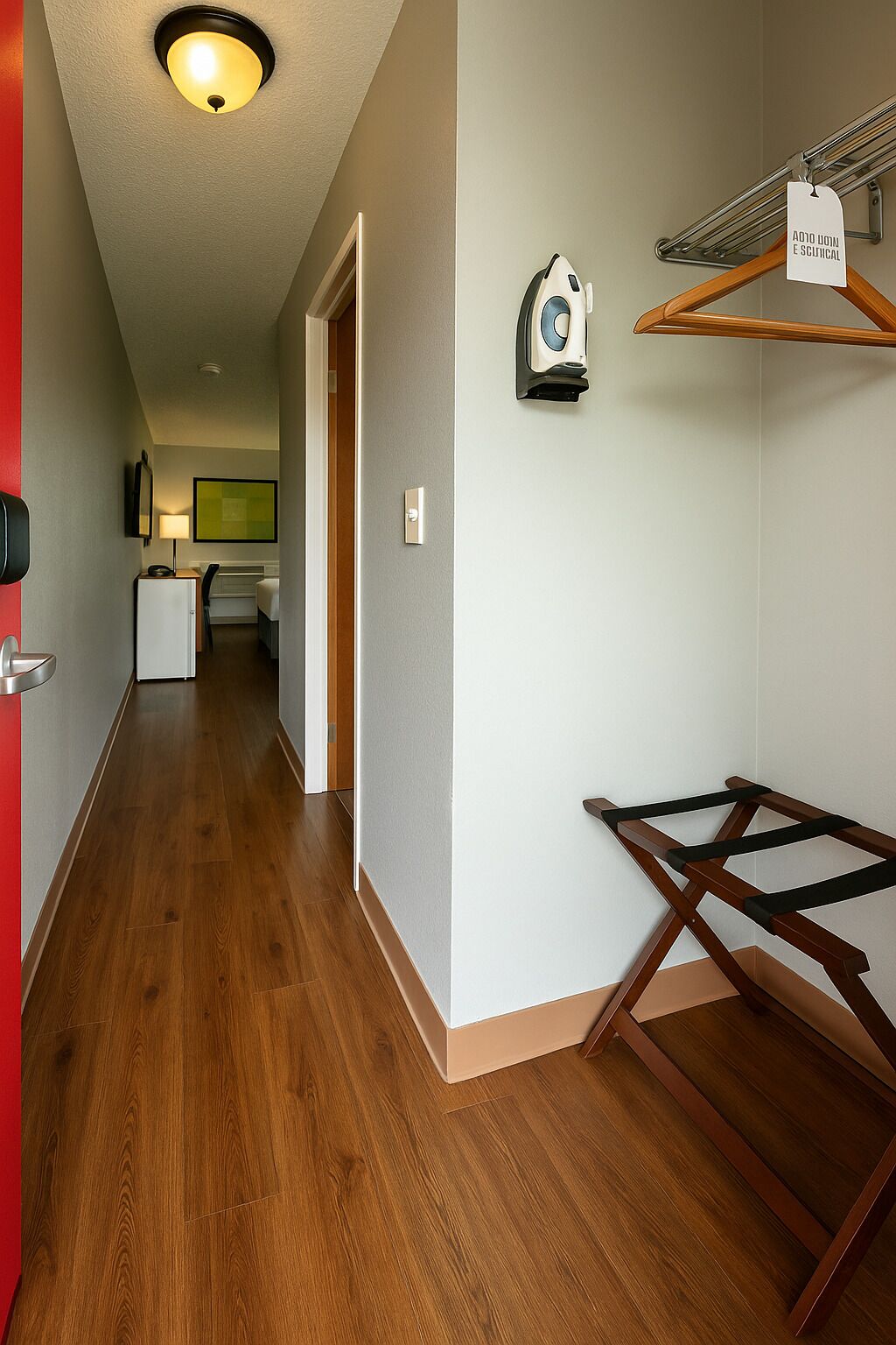 A hotel corridor with wooden flooring, a coat rack, a wall-mounted iron, and a door with a red frame.