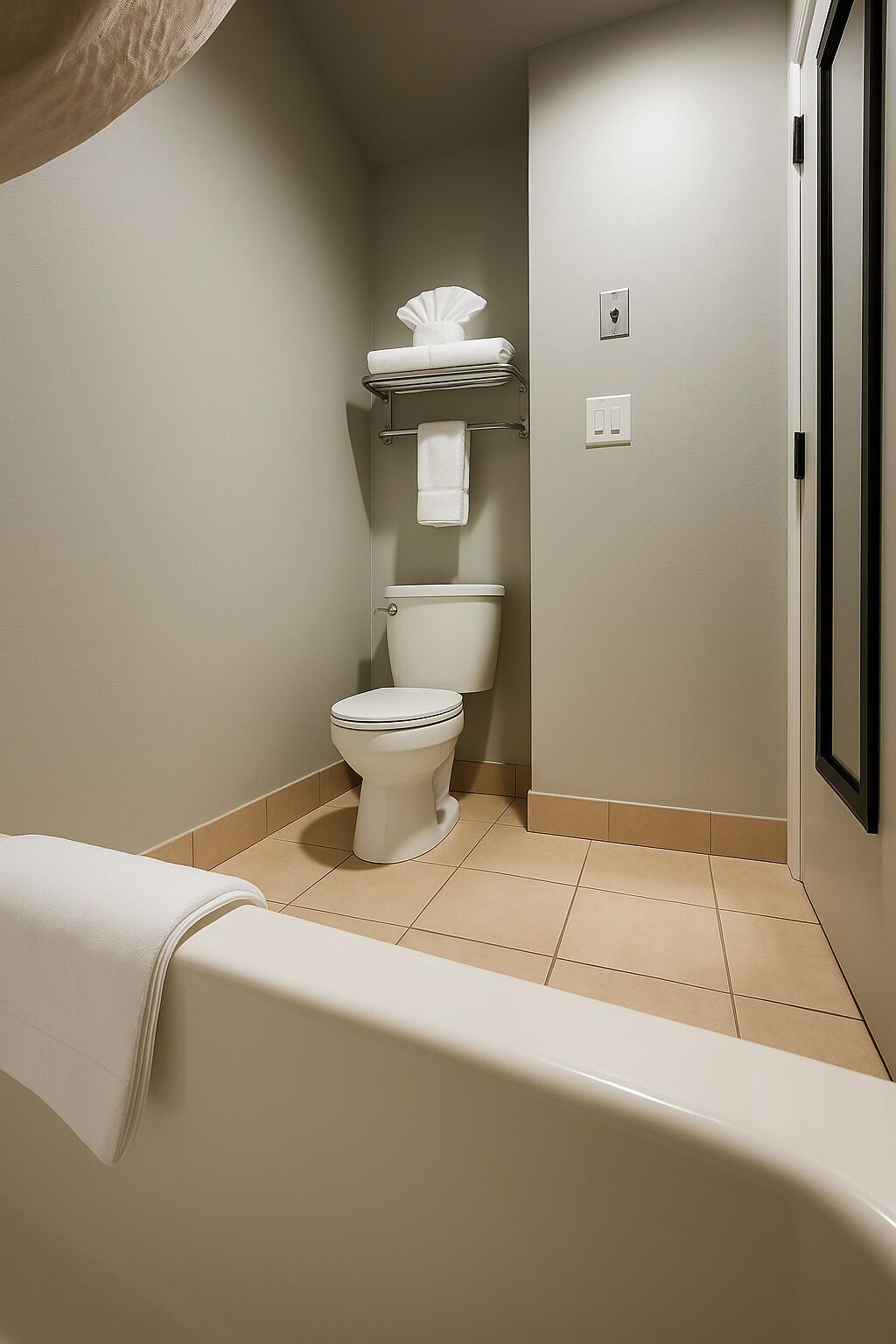 A bathroom with a toilet, a towel rack, and a bathtub.