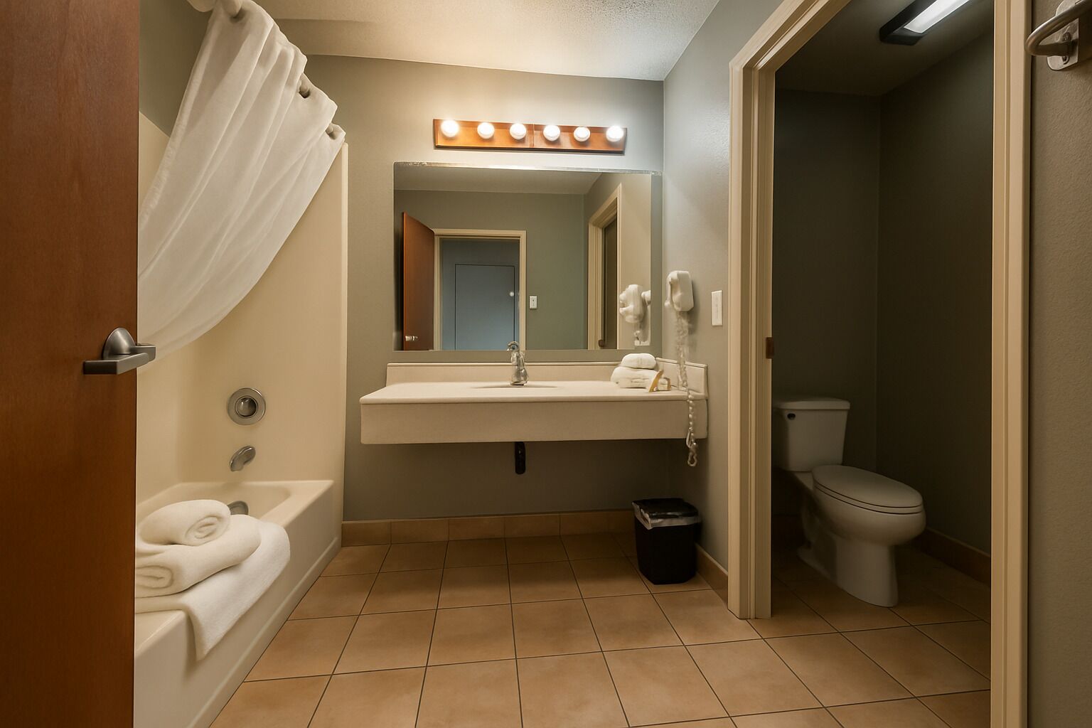 A bathroom with a bathtub, a sink with a mirror above it, a toilet, and a trash can.