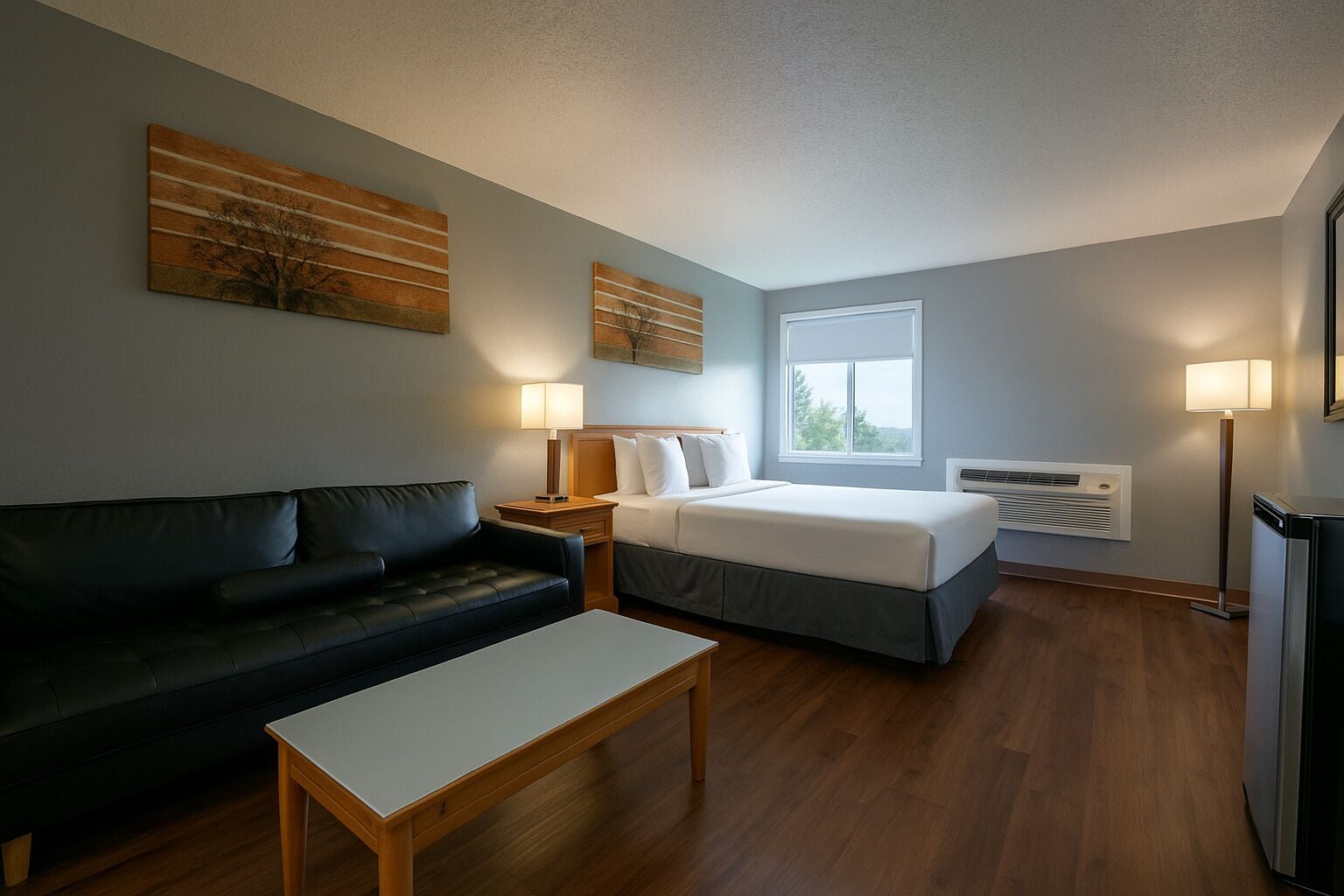 A hotel room with a bed, a sofa, a small table, two wall-mounted lamps, a window, and an air conditioning unit.