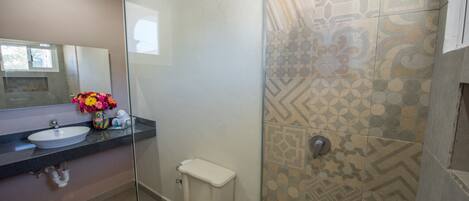 Un baño con cabina de ducha de vidrio, un inodoro y un lavabo con un florero.