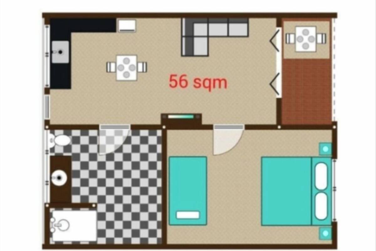 A 56 sqm apartment layout with a kitchen, dining area, two bedrooms, a bathroom, and a checkered floor.