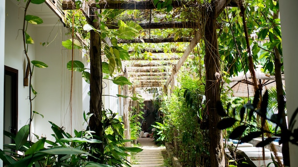 A narrow stone pathway flanked by lush greenery and wooden pergolas, leading to a shaded area. - GZ Angkor Boutique (Siem Reap)