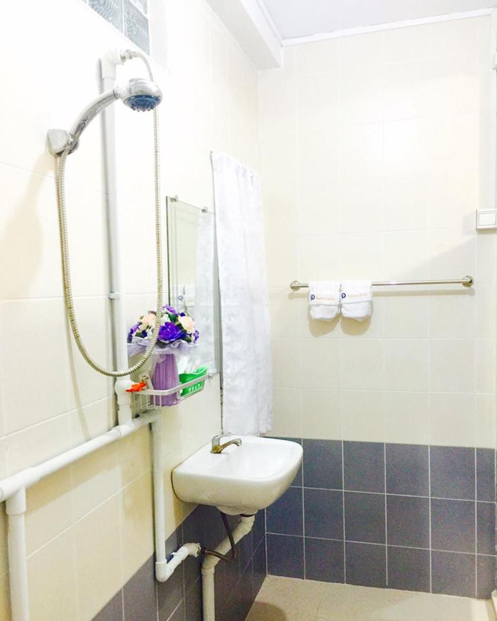 Un baño con ducha, lavamanos y un perchero para toallas.