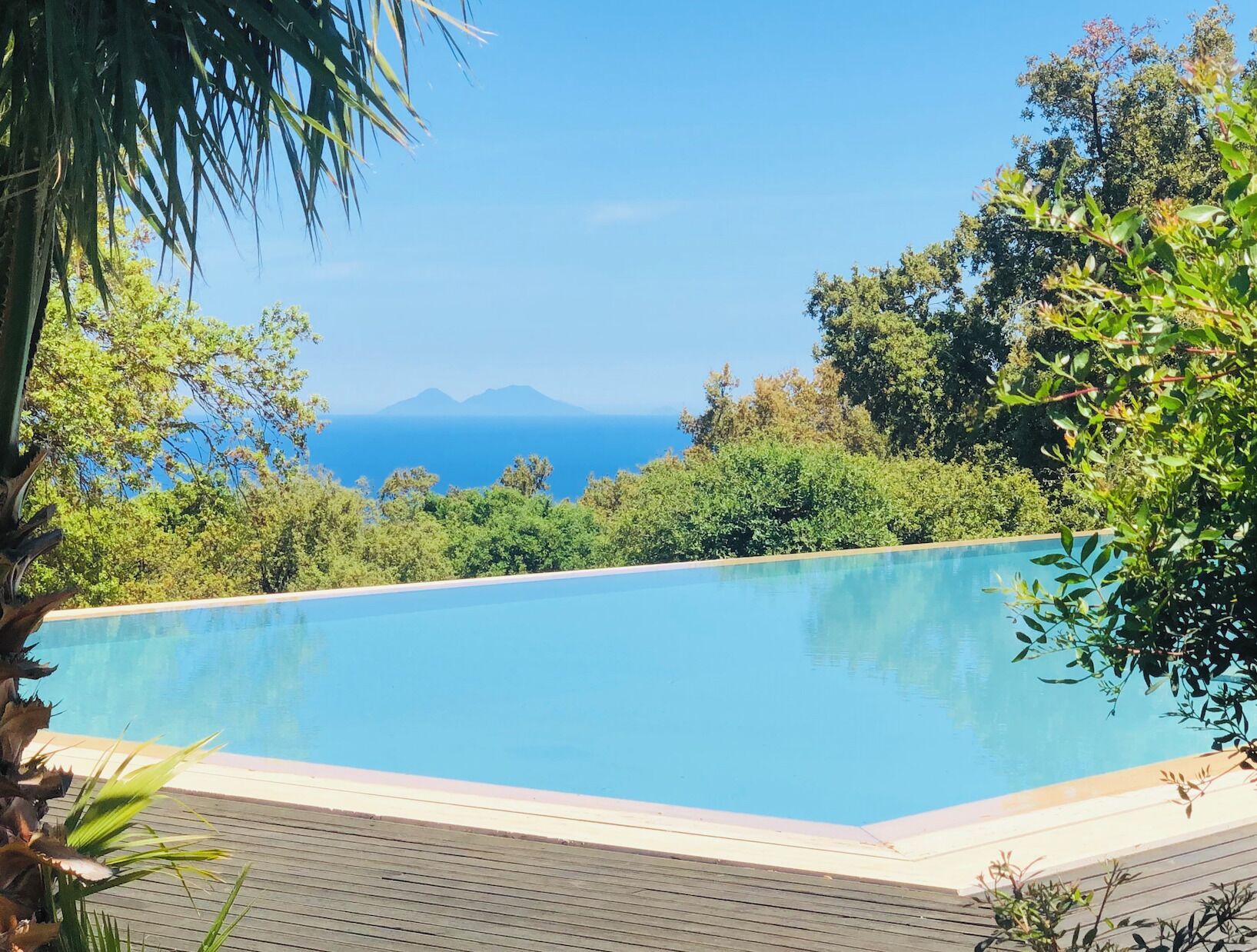 A clear blue swimming pool surrounded by lush greenery and a view of the ocean and mountains in the distance.