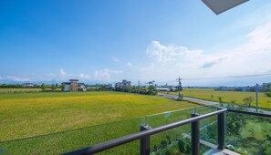 A view from a balcony overlooking a green field with houses in the background.