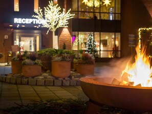 A reception area with a fire feature and potted plants.