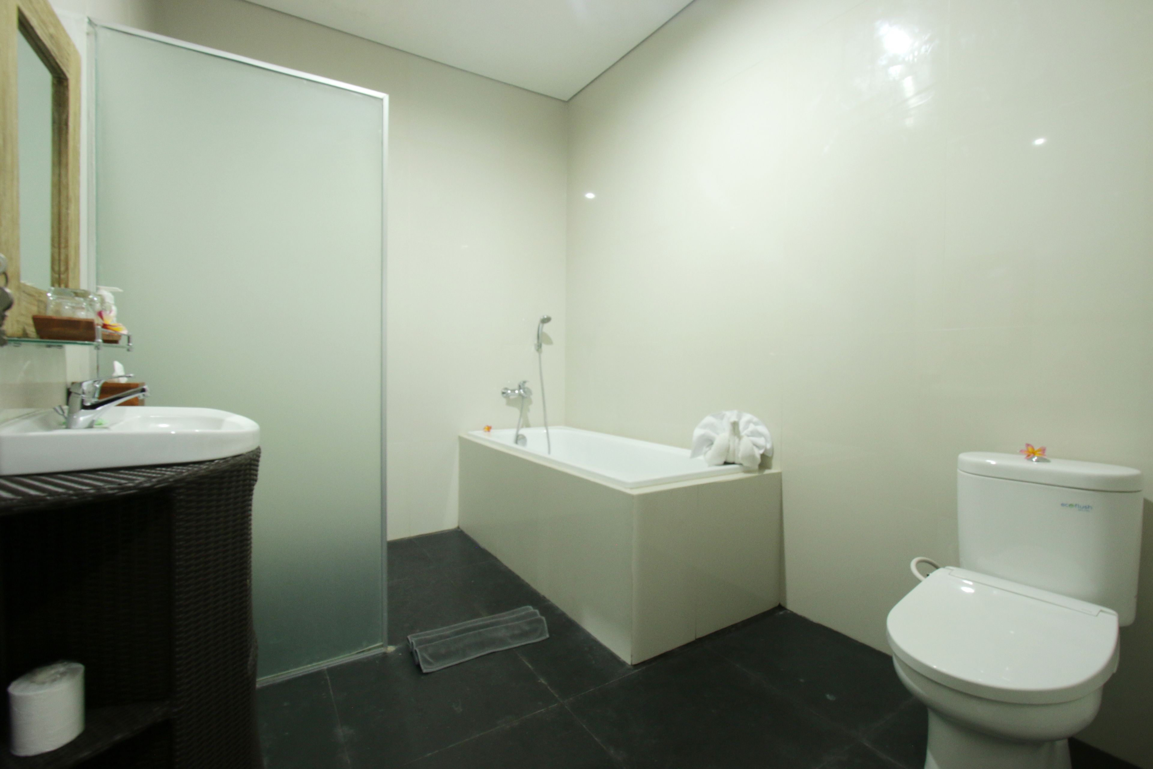 separate bathtub and shower, deep-soaking bathtub, rainfall showerhead