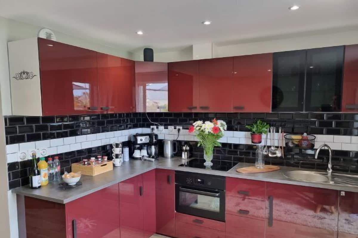 A modern kitchen with red cabinets, black backsplash, stainless steel appliances, and a wooden countertop.