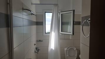 Une salle de bain avec une douche, des toilettes et une fenêtre.