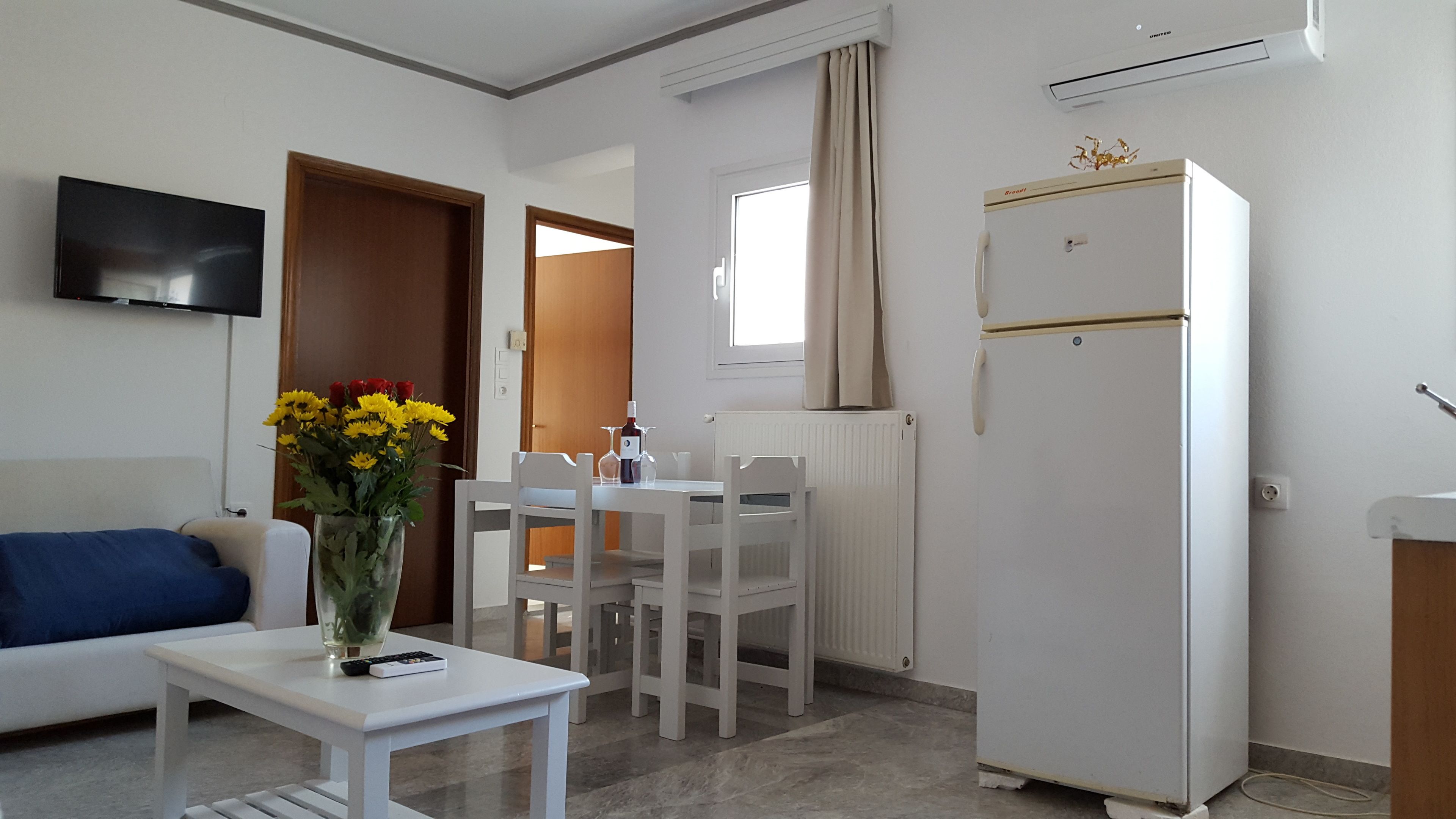 A compact living space with a sofa, a dining table with chairs, a TV mounted on the wall, a refrigerator, and a window with curtains.