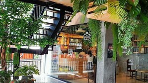 Een ruimte binnenshuis met een modern ontwerp, met een trap, glazen scheidingswanden en diverse planten.