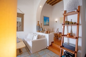 Panoramic Villa, Private Pool (Desiree) | Living area | LCD TV - SeaBlue Villas (Mykonos)