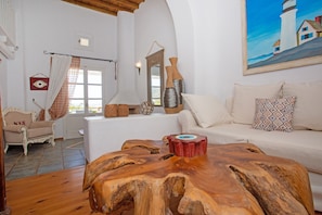 Panoramic Villa, Private Pool (Desiree) | Living area | LCD TV - SeaBlue Villas (Mykonos)