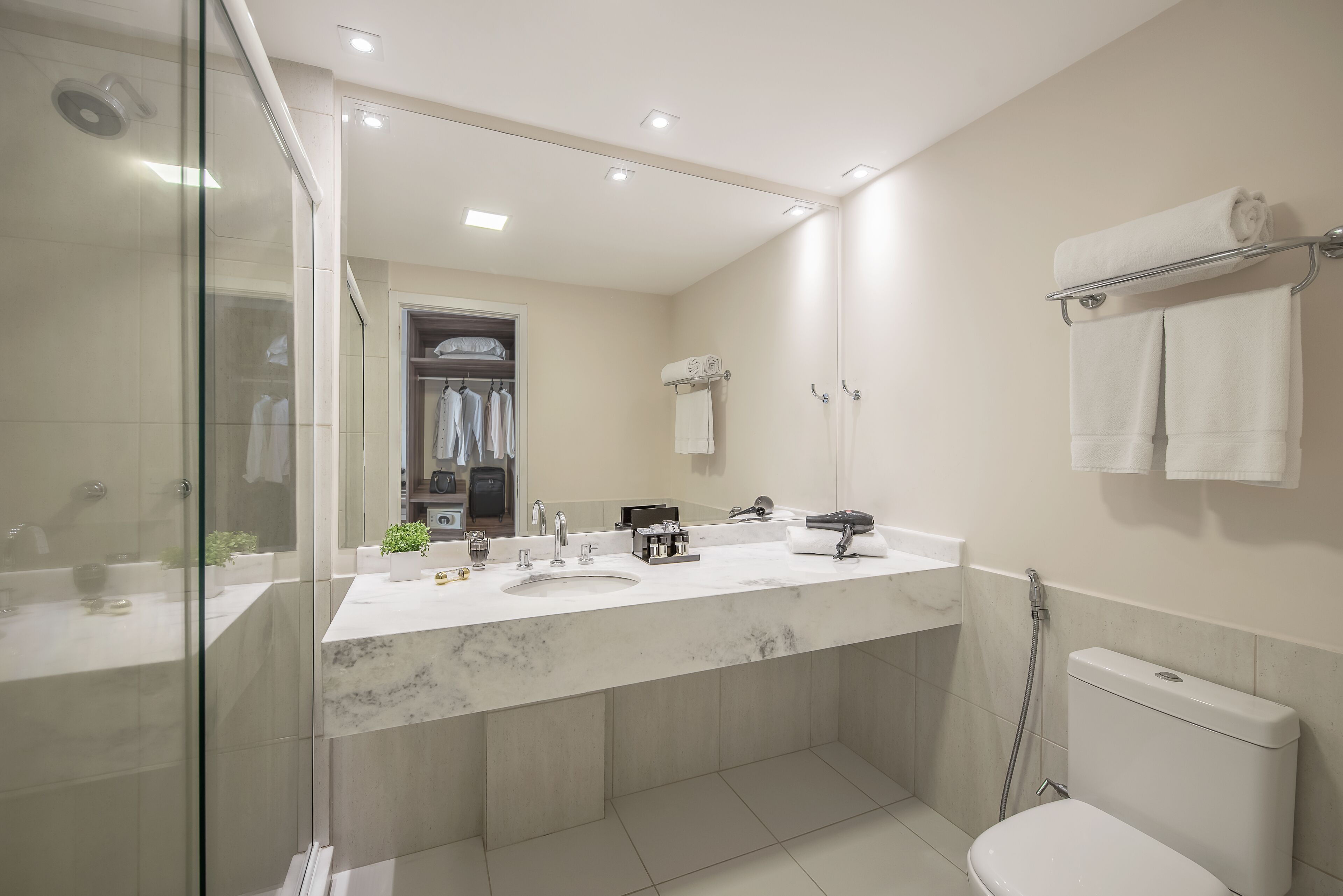 shower, free toiletries, hair dryer, towels