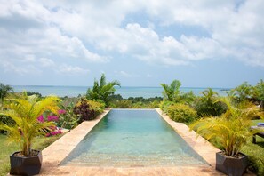 A rectangular infinity pool with clear water, surrounded by lush greenery and palm trees, leading to a view of the ocean. - Kidoti Villas by Z (Kidoti)