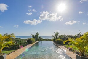 Outdoor pool, pool umbrellas, sun loungers