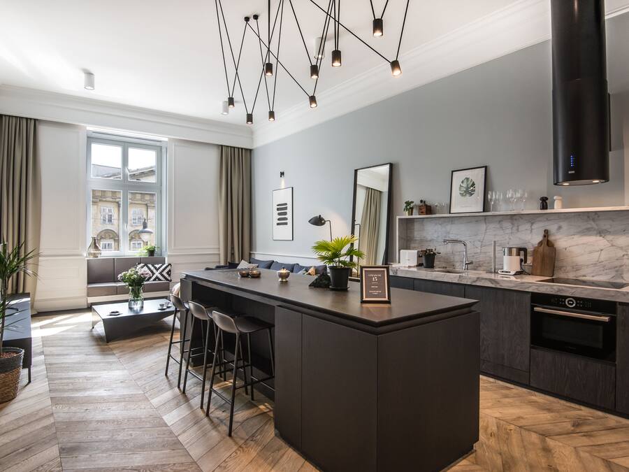 Deluxe-huoneisto, sauna, kaupunkinäköala (8) | Yksityinen keittiö | Jääkaappi, mikroaaltouuni, uuni, liesi