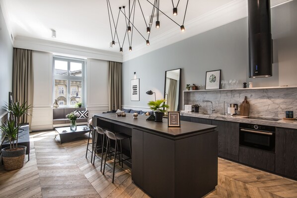 Deluxe Apartment, Sauna, City View (8) | Private kitchen | Fridge, microwave, oven, stovetop - Stradom 15 Apartments (Kraków)