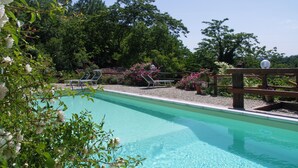 Una piscina cristalina con sillones de descanso y una terraza de madera.