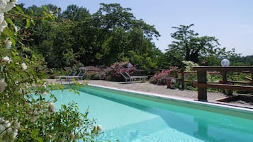 Seasonal outdoor pool, open 9:30 AM to 8:00 PM, pool loungers