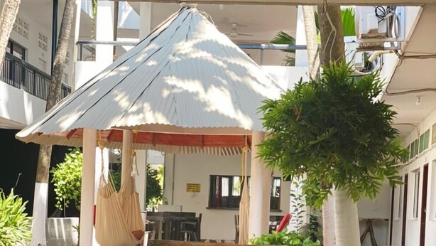 Un área de estar al aire libre techada con un banco de madera y una planta en maceta.