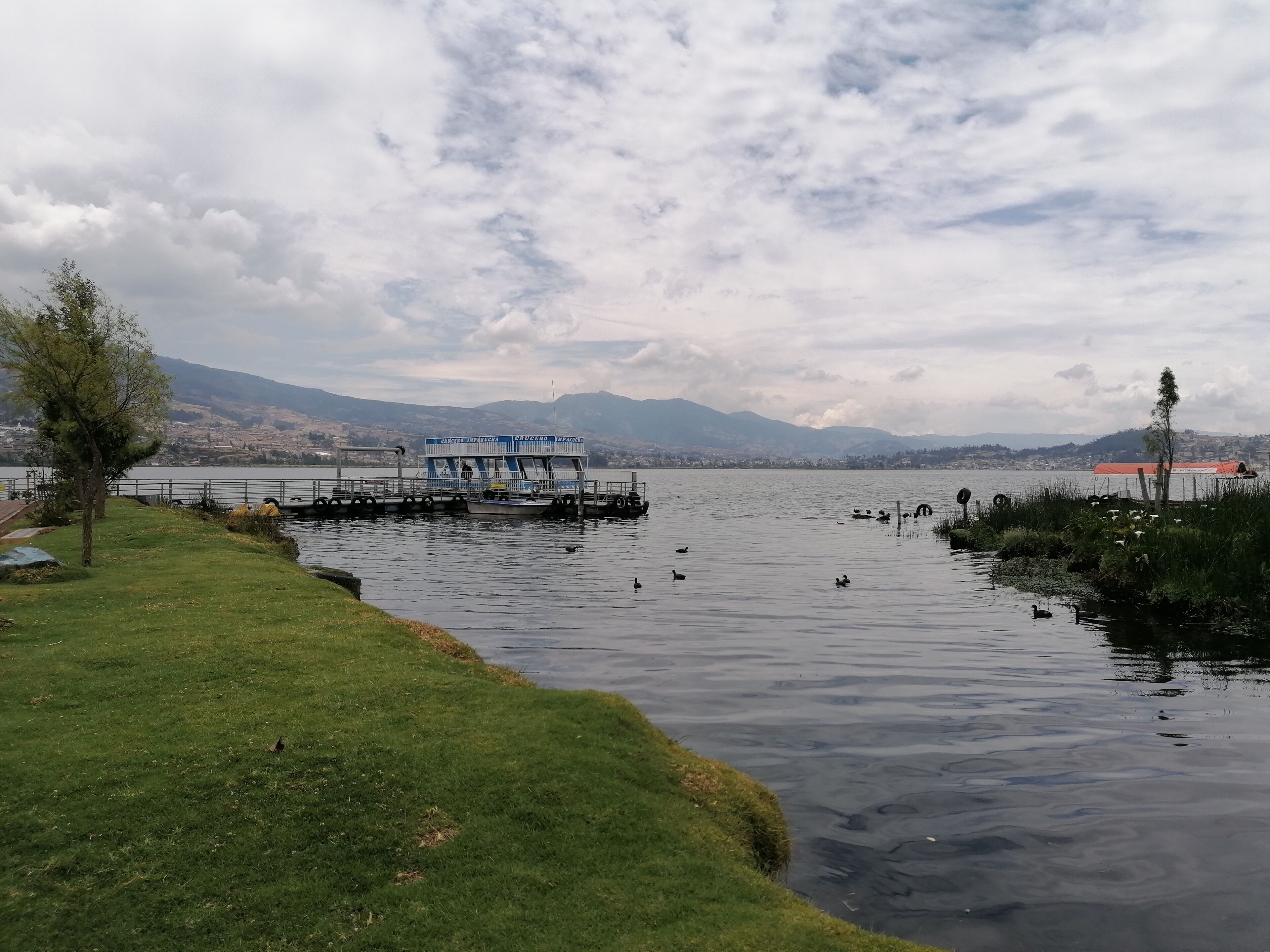 A lake with a boat dock, grassy banks, and mountains in the background.
