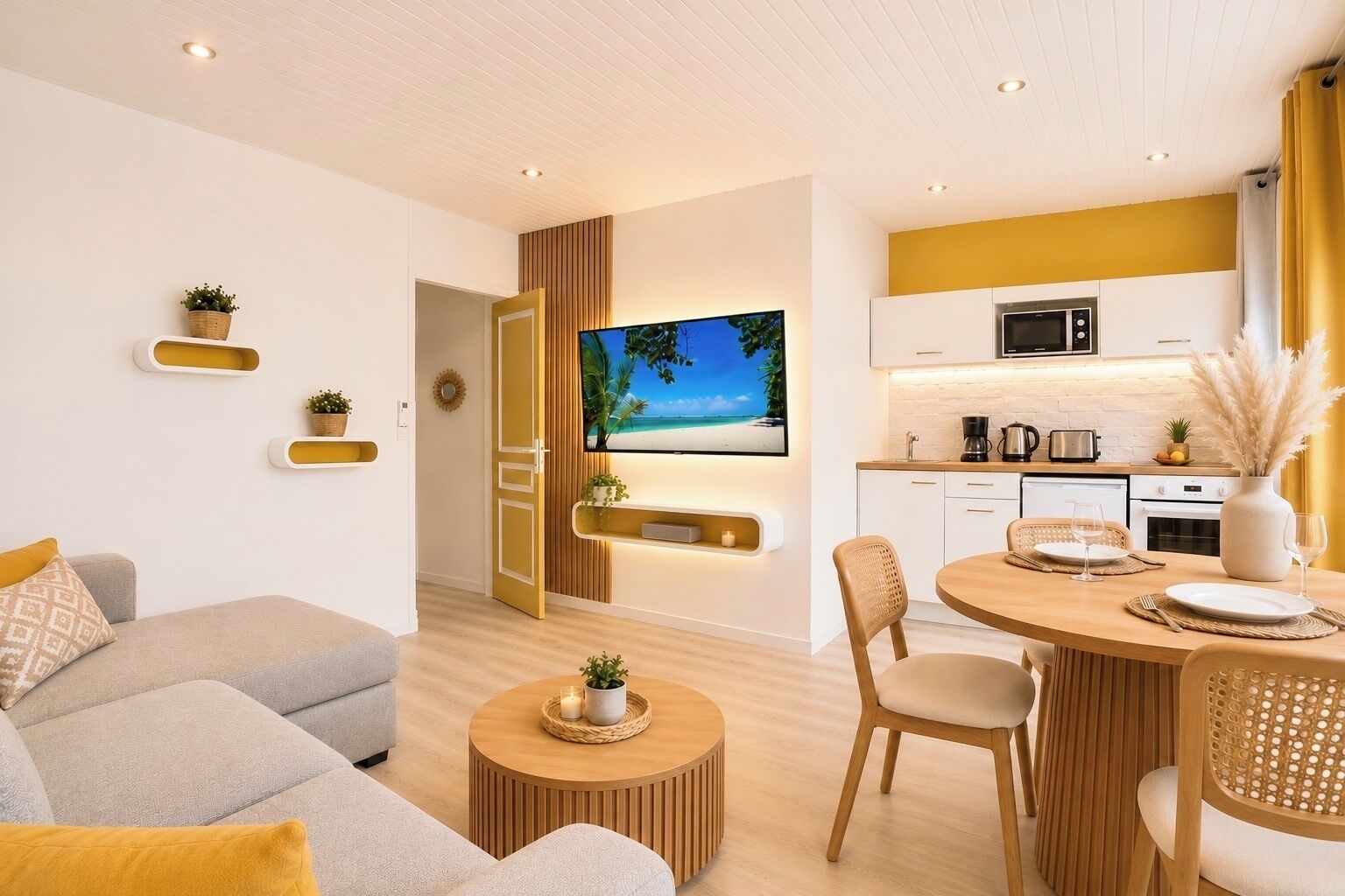 Una sala moderna con un sofá, una mesita de centro y un televisor montado en una pared de madera.