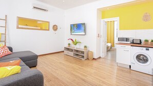 A modern living room with a grey sofa, a wooden floor, a white wall with a mirror, a painting, and a kitchen area with a washing machine. - Foyal Suites (Fort-de-France)